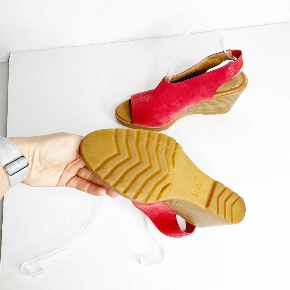 Sorel Red Suede Open-Toe Wedge Sandals - Picture 7 of 9